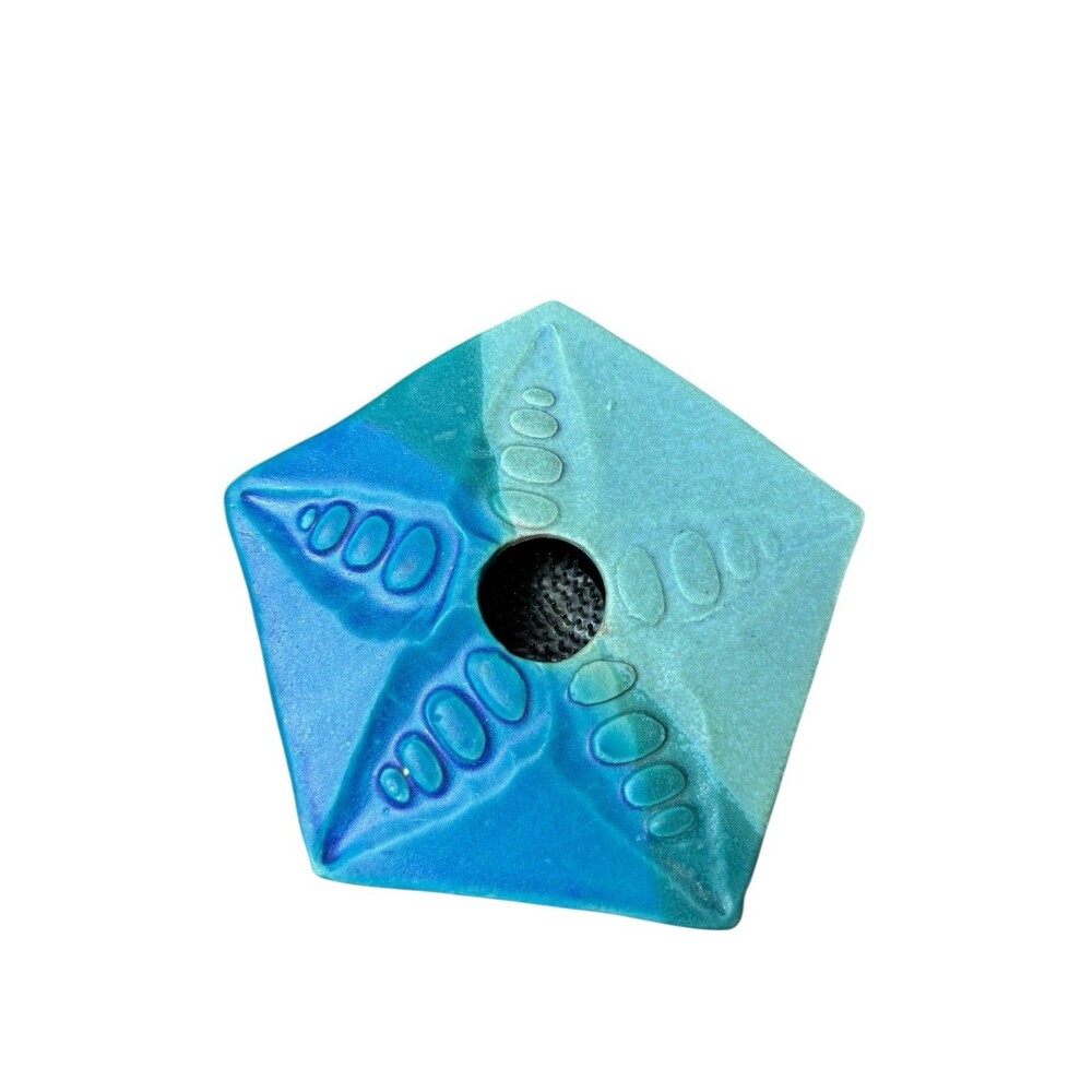 Ikebana Vase Pottery With Frog In The Middle Green Blue Signed Star Starfish 5"